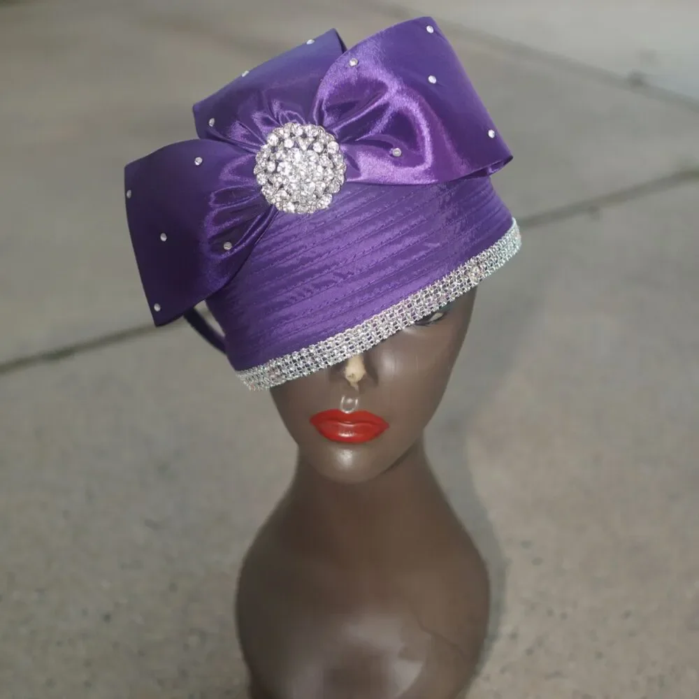Purple Ribbon Straw Church Hat Rhinestone Bow Vintage Style Pillbox Cloche 7.5”